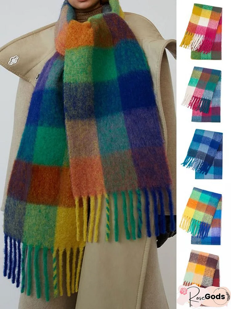 Casual Gradient Check Pattern Long Wool Scarf Everyday Clothes Matching