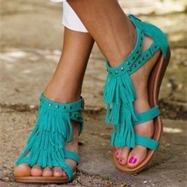 Turquoise Suede Fringe Sandals Open Toe Low Heel Studs Shoes |FSJ Shoes