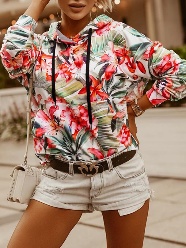 Women Long Sleeve Hooded Floral Printed Graphic Top