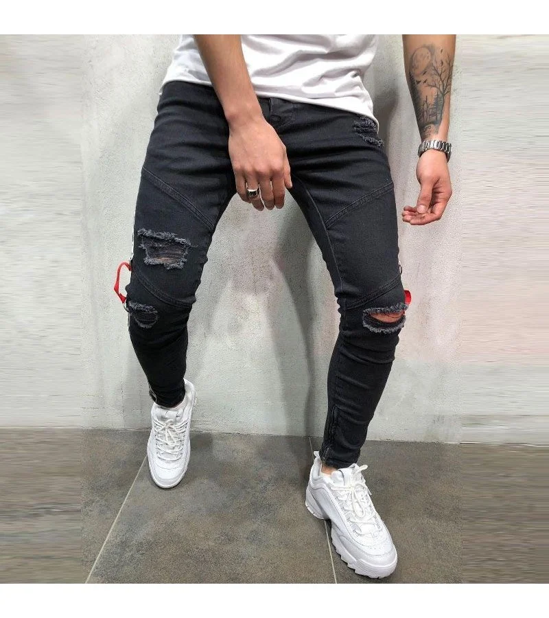 Fashion Men Side Stripes Ripped Black Denim Jeans