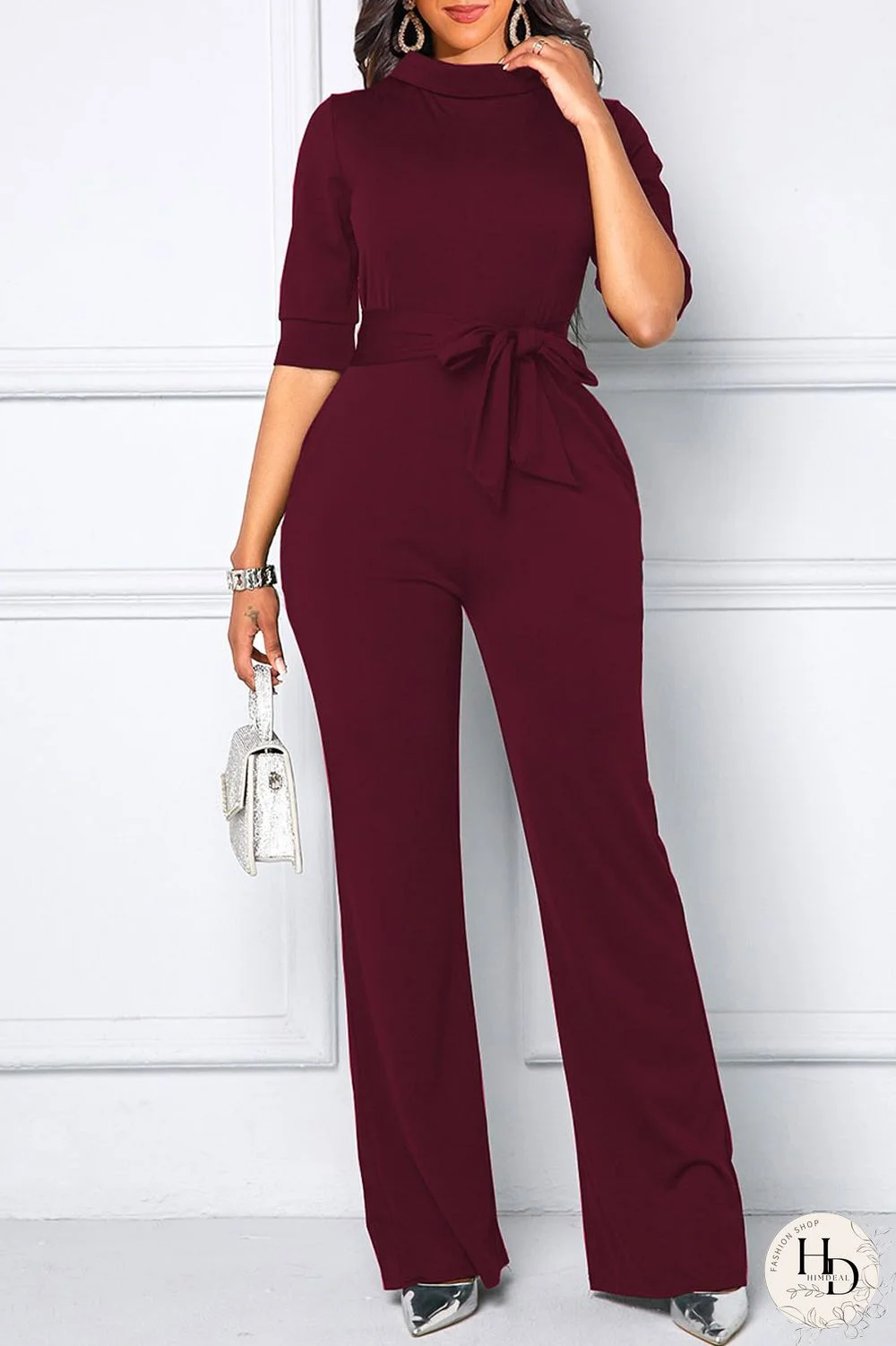Burgundy Casual Solid Split Joint With Belt Half A Turtleneck Straight Jumpsuits