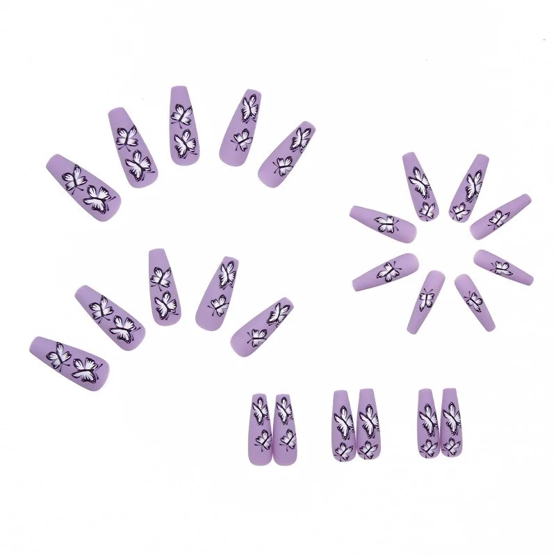 24PCS Purple Butterfly Nail Patch Sweet Style Glue Type Removable Long Paragraph Manicure Save Time False Nail Patch SANA889-Nail Inspo