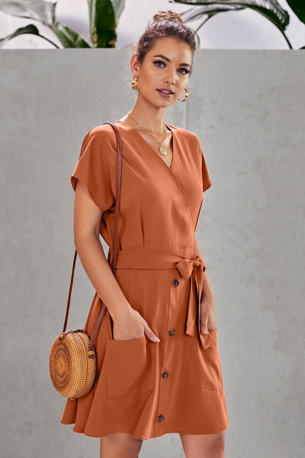 Wrap V Neck Belted A-Line Dress