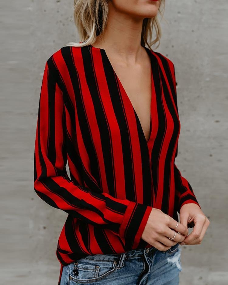 Stripes Deep V Long Sleeve Casual Blouse