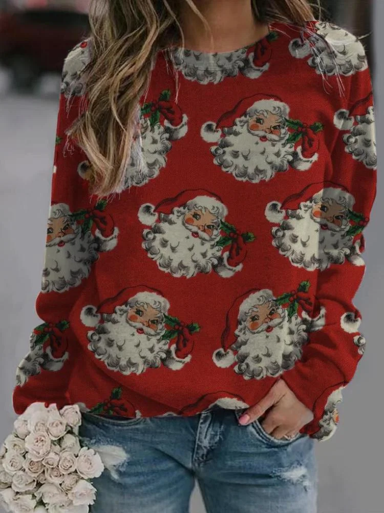 Women's Santa Claus Printed Long Sleeved Round Neck Sweatshirt