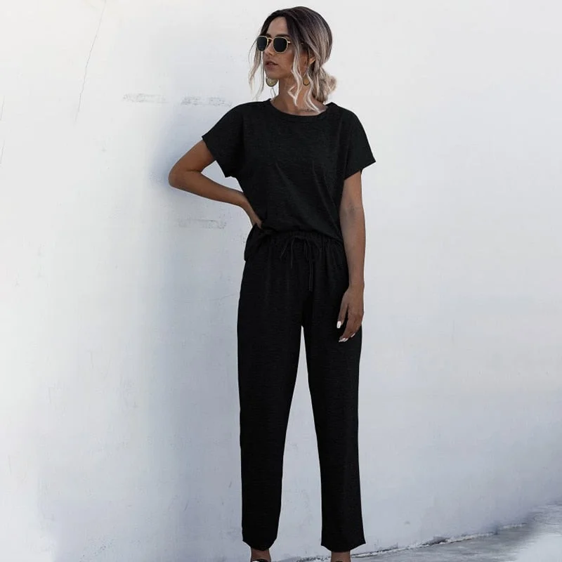 2021 Hotsale 2pcs Women Summer Tracksuits Set Lounge Wear Short Sleeve Tops Long Pants Sweat Suits Elastic Waist Casual Solid