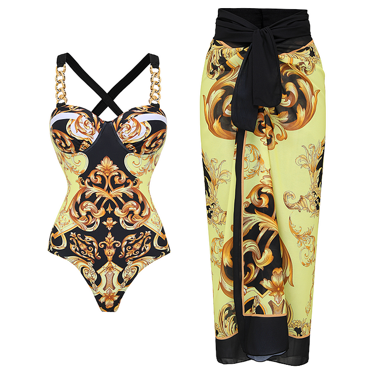 Sling Golden and Black Baroque Pattern One Piece Swimsuit and Sarong