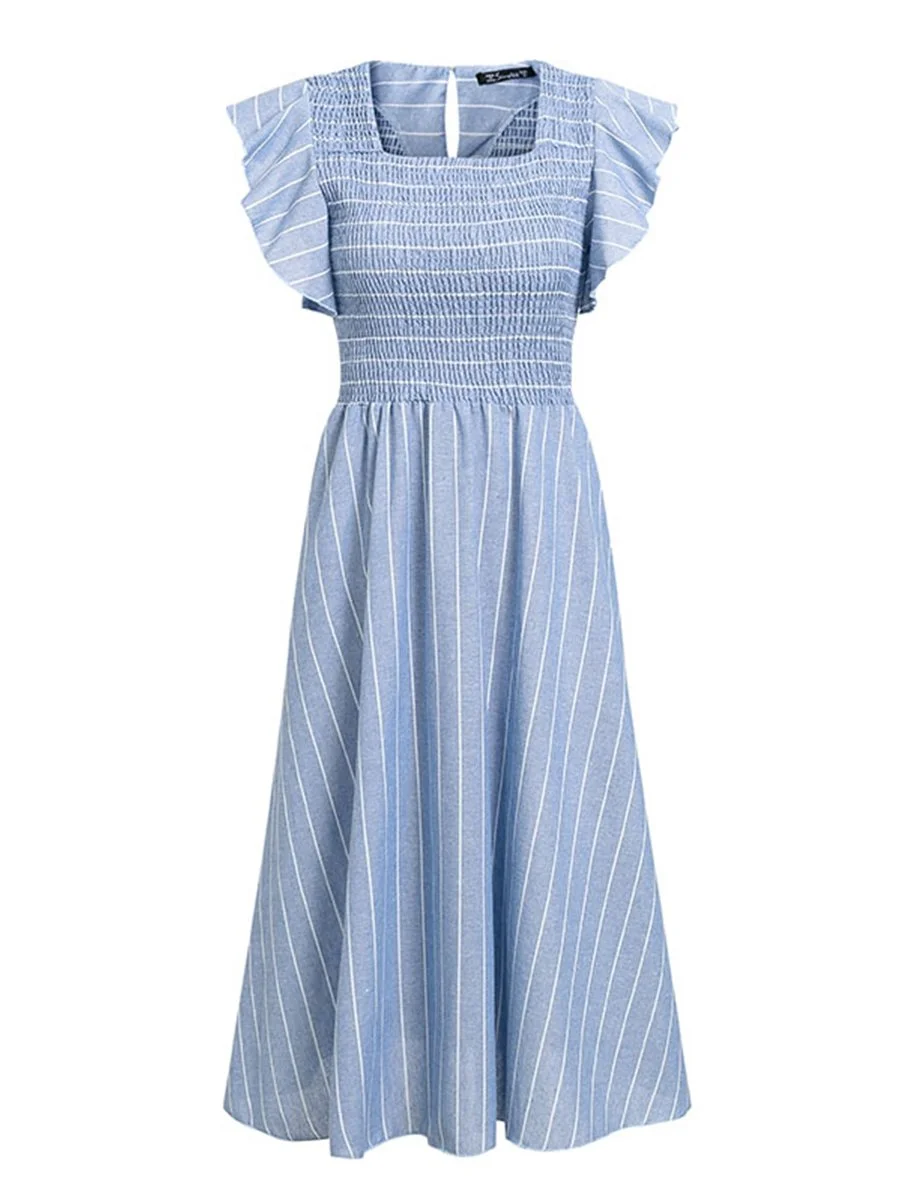 Womens Striped Long Dress Ruffles Linen Elegant Dress