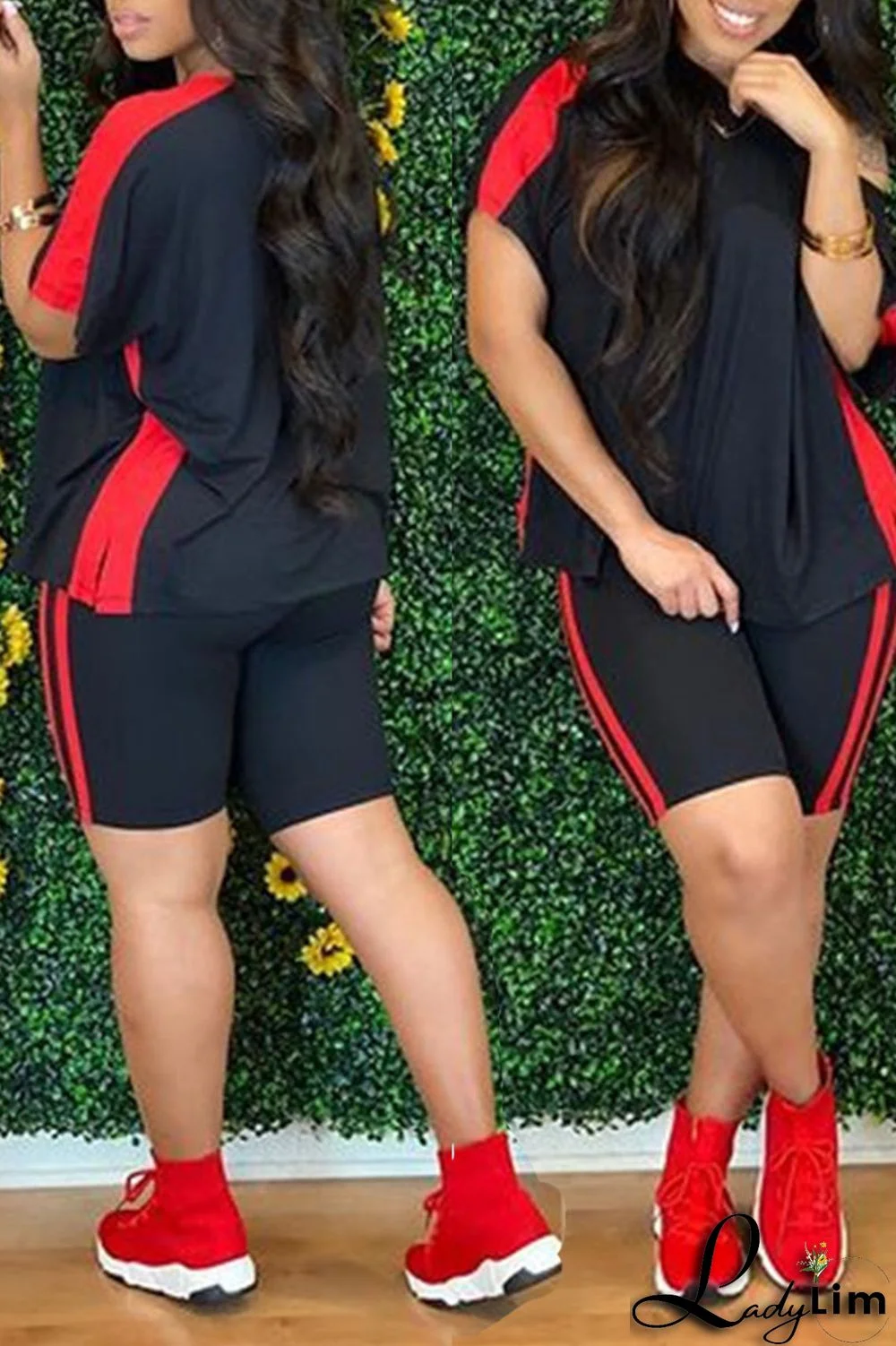 Red Casual Sportswear Solid Split Joint O Neck Short Sleeve Two Pieces