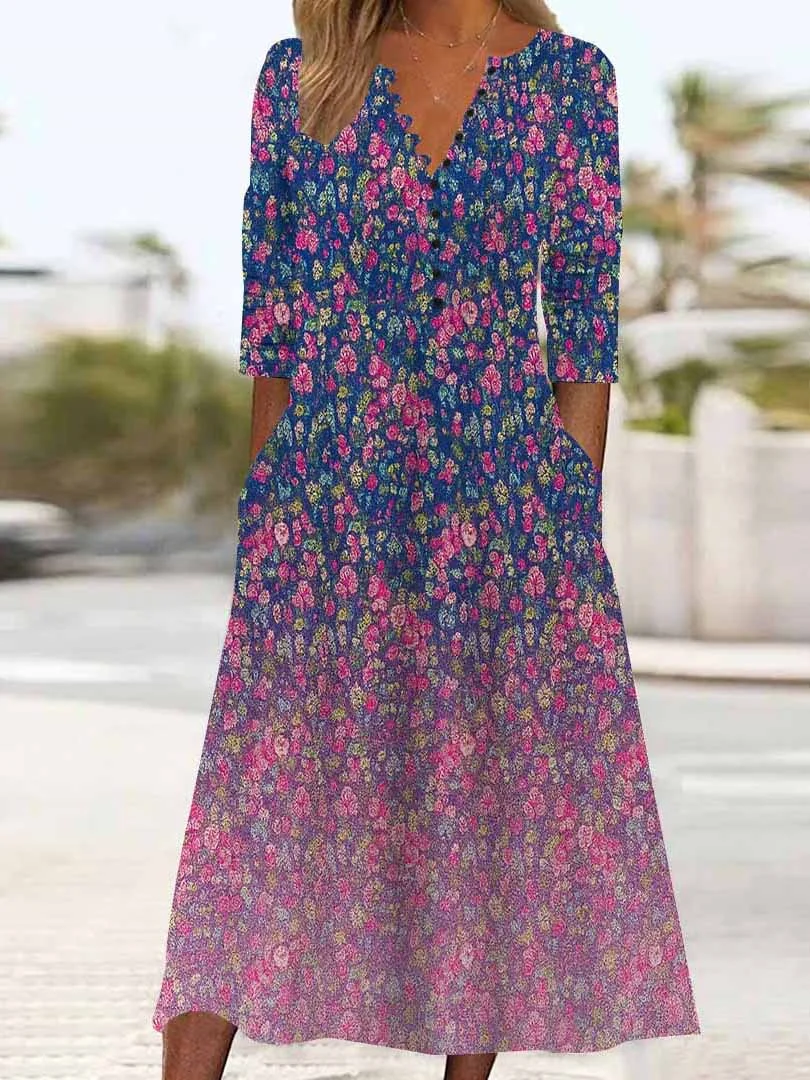 Women Floral,Gradient,Blue DZHB8272 Long Sleeve V-Neck Graphic Printed Midi Dress