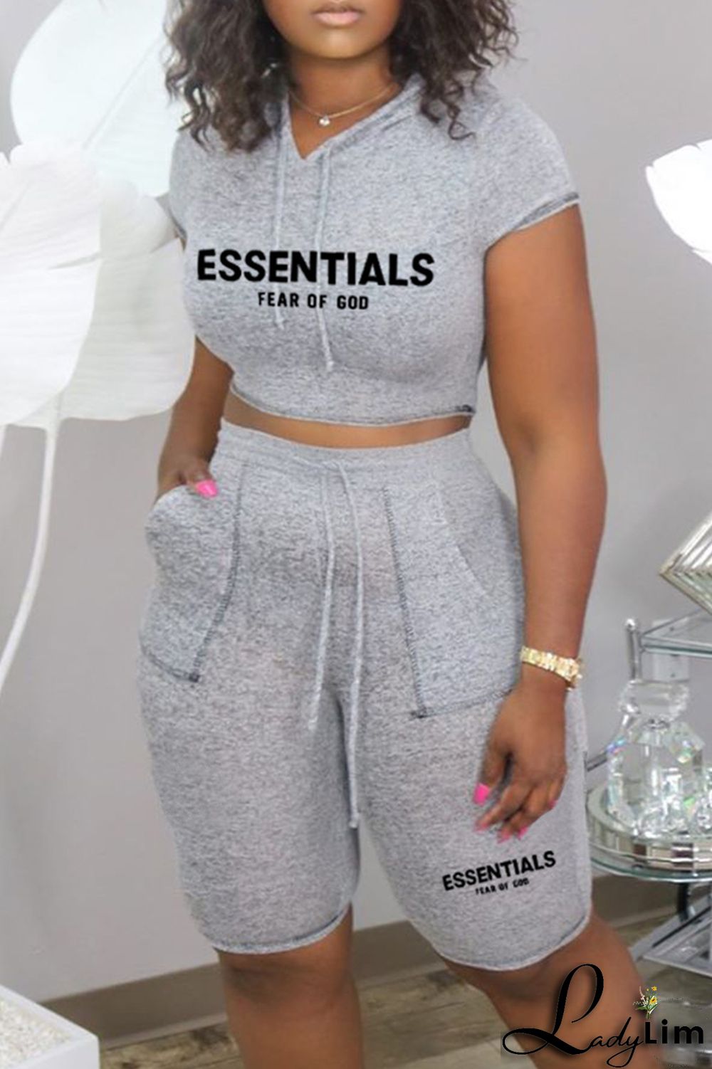 Burgundy Casual Letter Print Basic Hooded Collar Short Sleeve Two Pieces