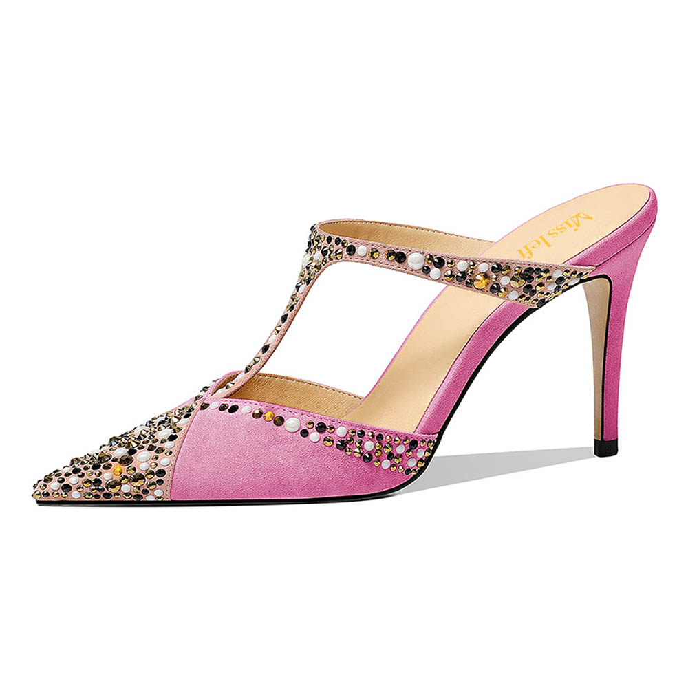 Fuchsia Studded Rhinestone Stiletto High Heel Slip-On Mules Shoes Nicepairs
