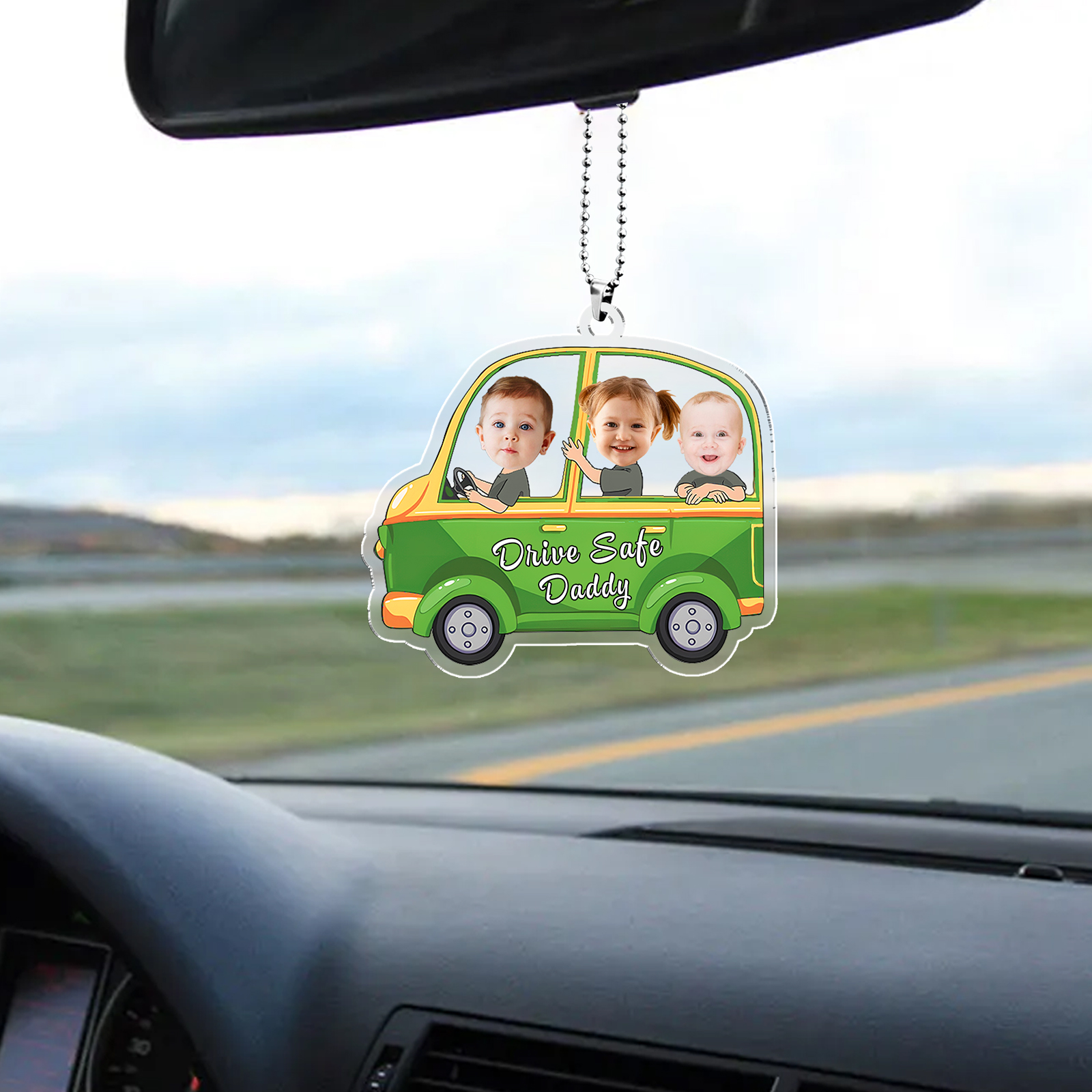 Personalised Green Car Acrylic Hanging Ornament Custom 3 Photos & 1 Text & 1 Name Keychain Pedant Gift for Family-Jessemade AU