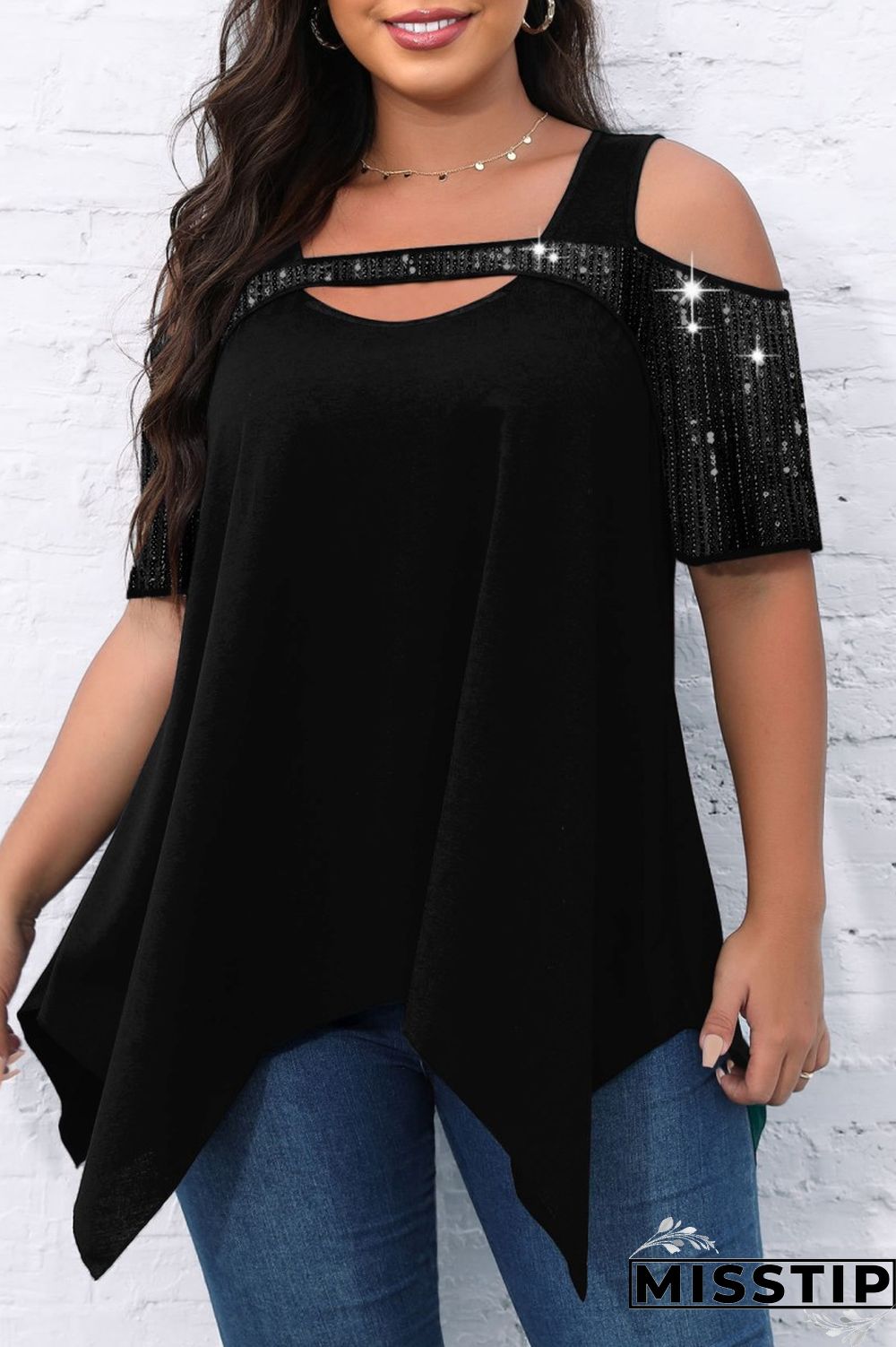 Black Casual Solid Hollowed Out Patchwork O Neck Plus Size Tops