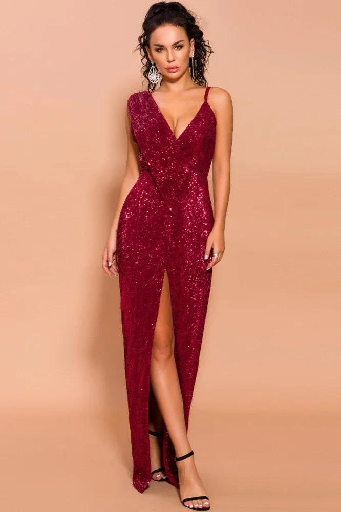 Bling Red Sequins V-Neck Prom Dress Sleeveless Long Party Gowns With Slit - lulusllly