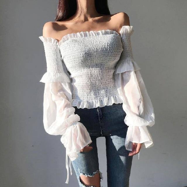 Solid Color Pleated Bow Fashion Women Ladies Long Sleeve Off Shoulder Cropped Tops Blouse Shirt Lace Up Corset