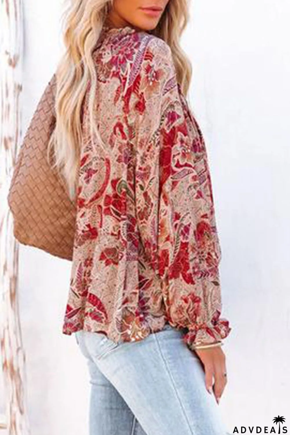 Split V Neck Printed Blouse