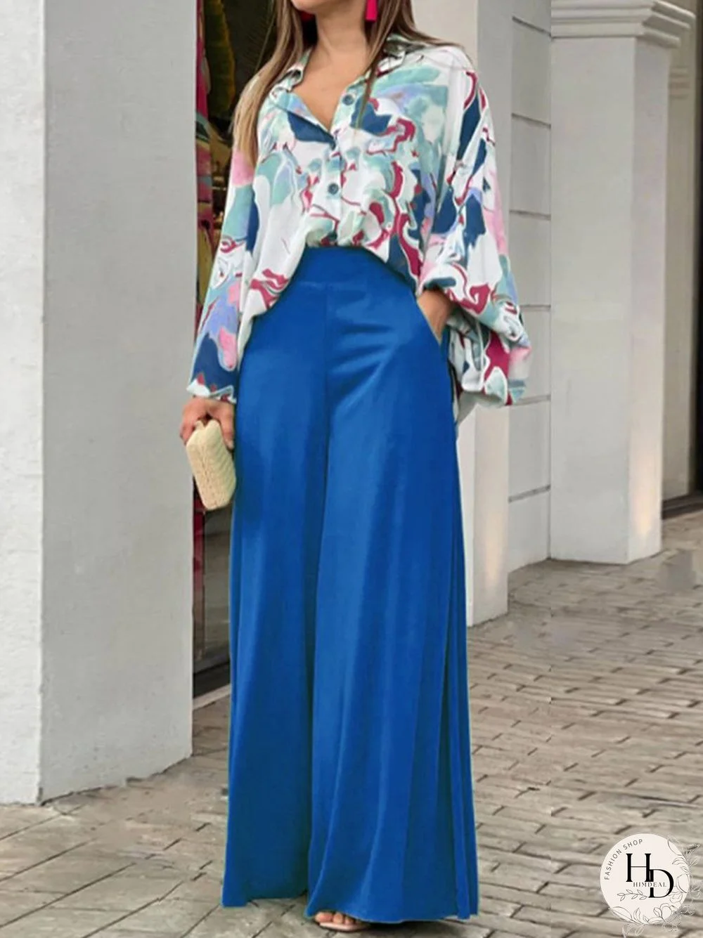 Long Sleeves Floral Printed Blouses + High-Waisted Solid Color Wide Leg Pants Trousers Two Pieces Set