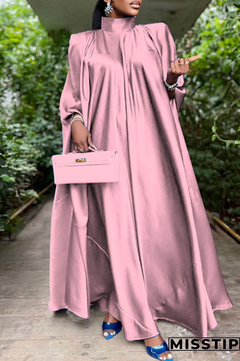 Blue Casual Solid Patchwork Turtleneck Straight Dresses