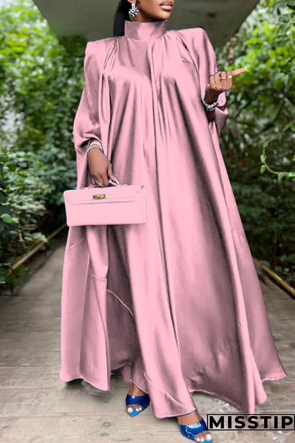 Blue Casual Solid Patchwork Turtleneck Straight Dresses