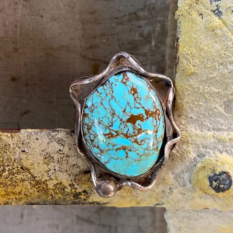 Large Spider Web Turquoise Ring in Sterling Silver Navajo Size 7