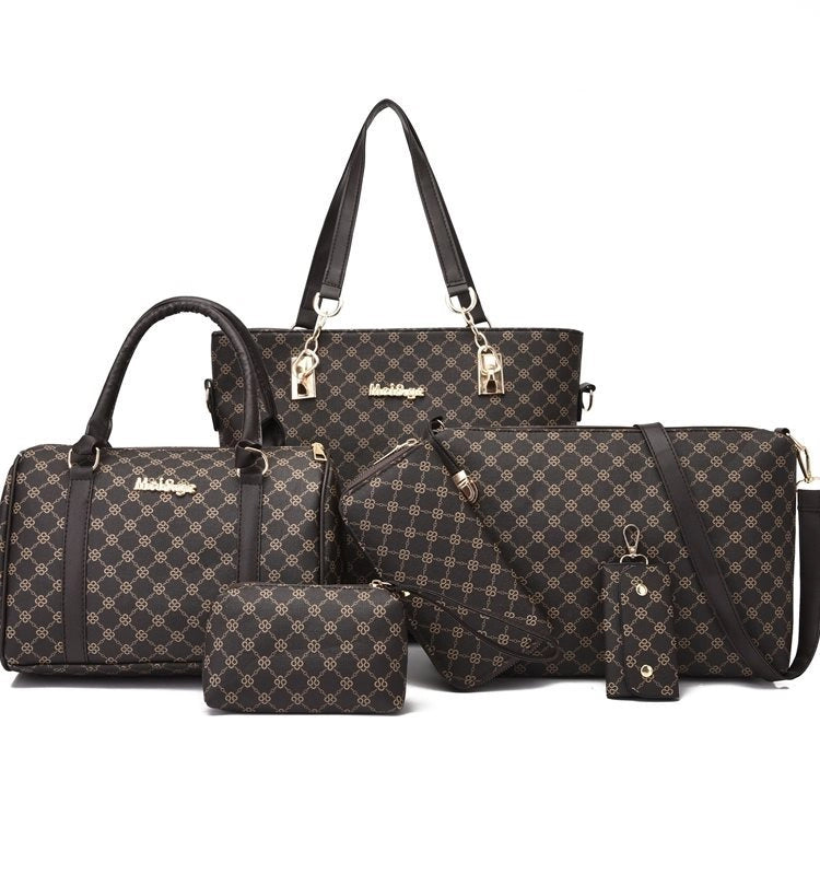 New Large Capacity Bag Six-piece Printed Handbag Black Shoulder Bag Crossbody Bag Mother Bag