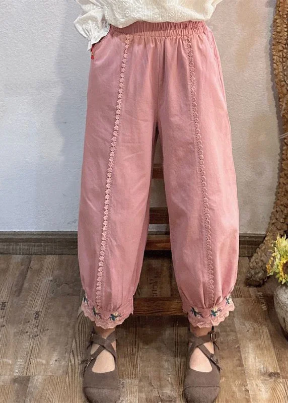 Women Pink Embroideried Pockets Elastic Waist Cotton Crop Pants Spring