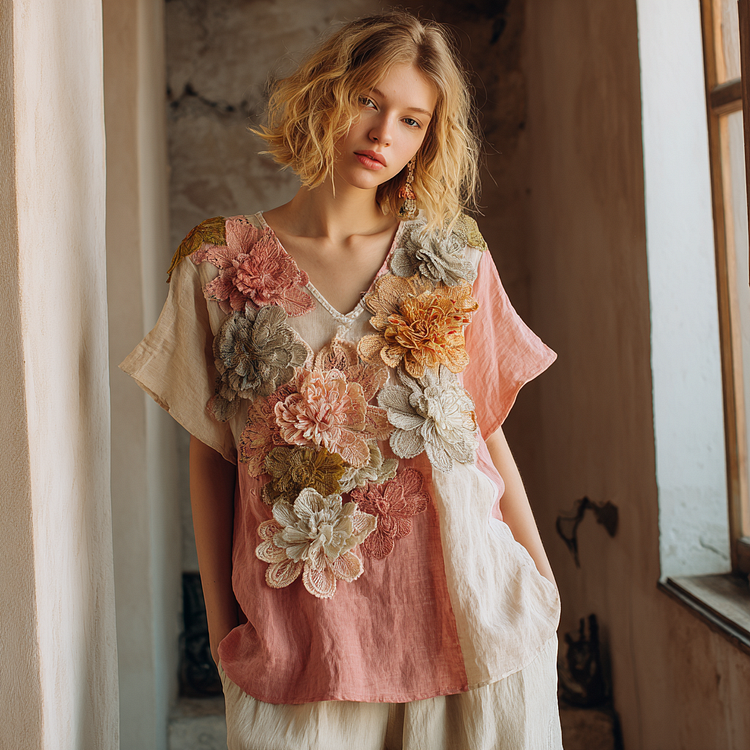 Women's Retro Floral Gradient Pattern V- Neck Short Sleeve T-shirt