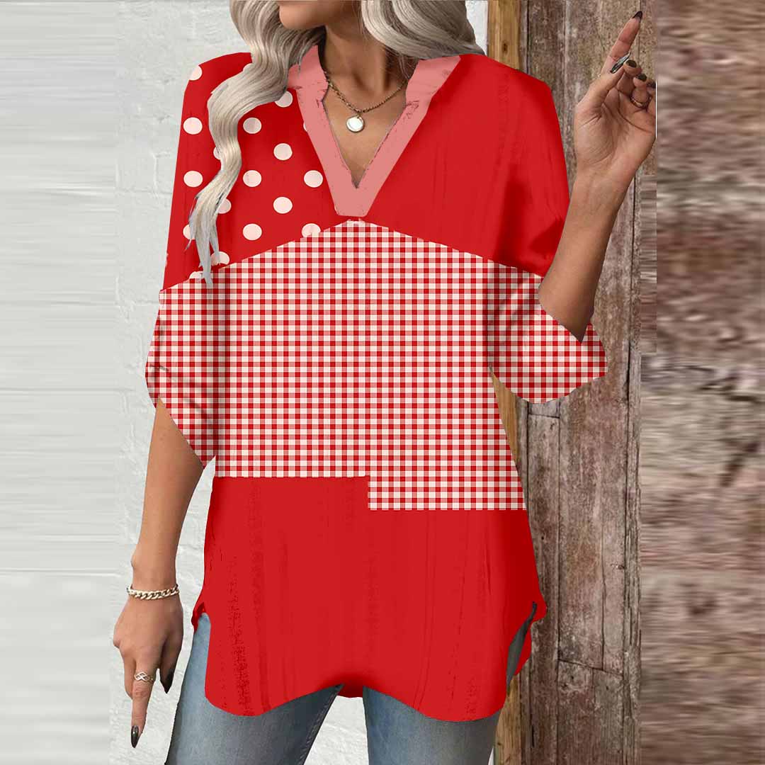 Women Polka Dot, Striped, Red DZGA0048 3/4 Sleeve V-neck Printed Graphic Button Tops