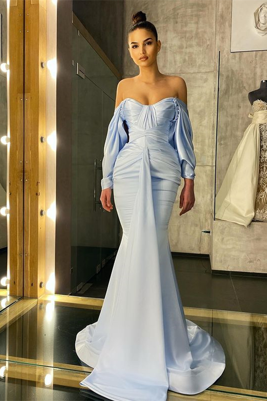 Long Sleeves Sky Blue Mermaid Prom Dress Off-the-Shoulder - lulusllly