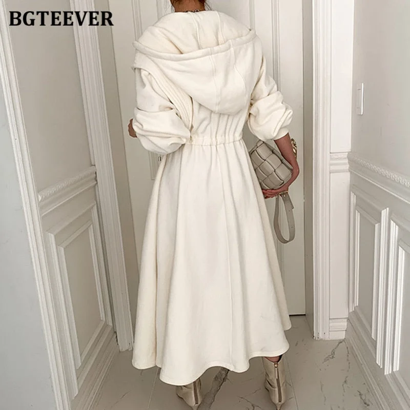 BGTEEVER Chic Zippers Women Hooded Sweatshirt Midi Dress Casual Elastic Waist Long Sleeve Female A-line Dress 2021 Spring
