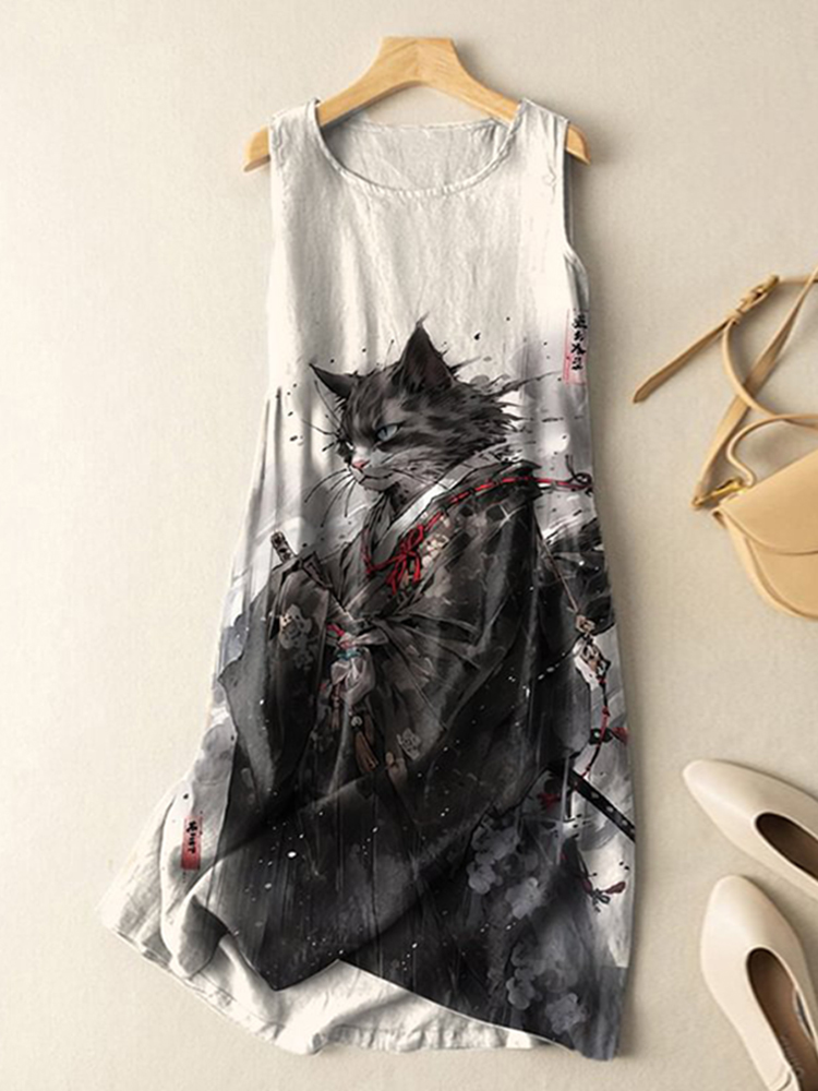 Comstylish Vintage Japanese Cat Samurai Ink Art Print Sleeveless Cotton And Linen Midi Dress