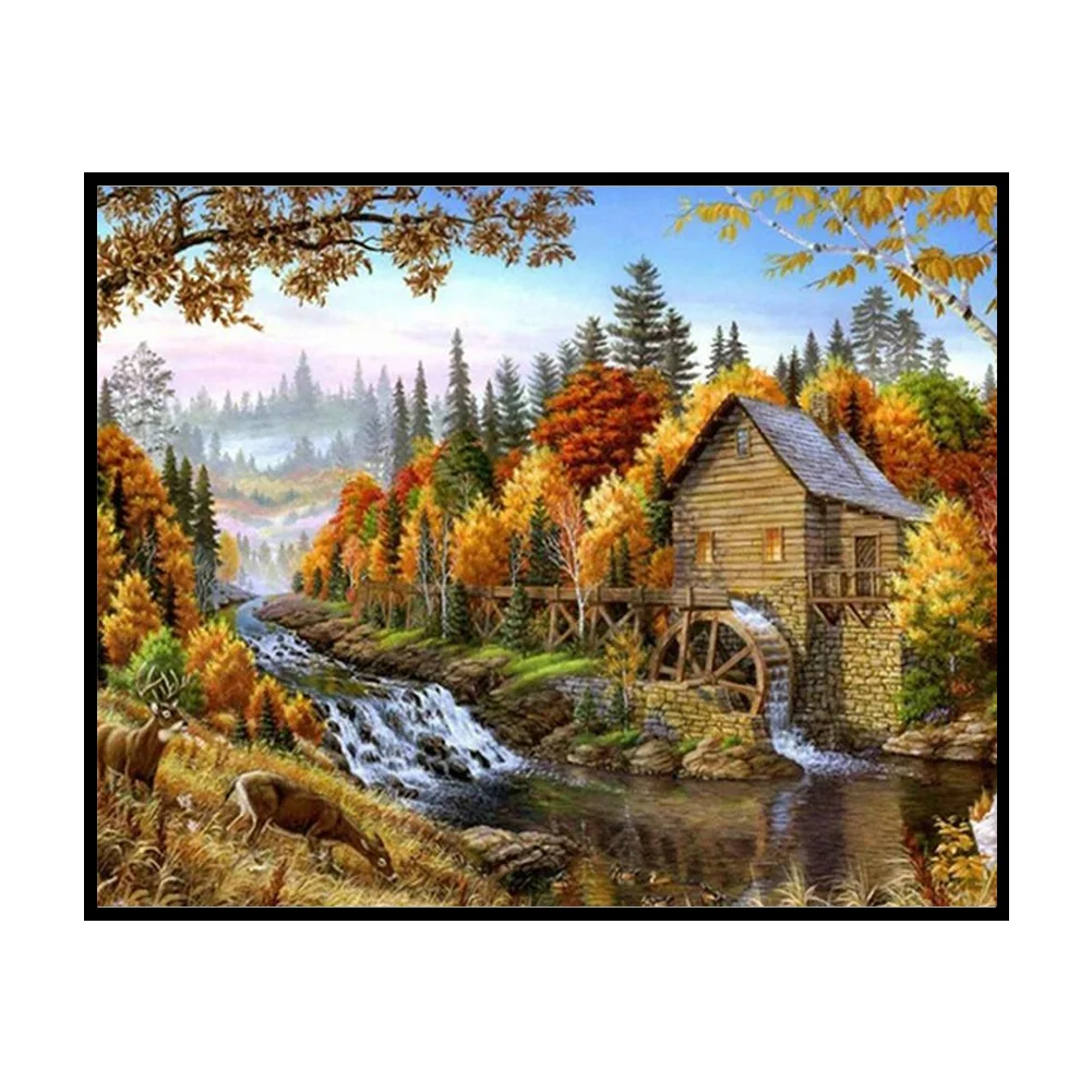 14CT Full Stamped Cross Stitch - Autumn Cottage(Canvas|40*50CM)