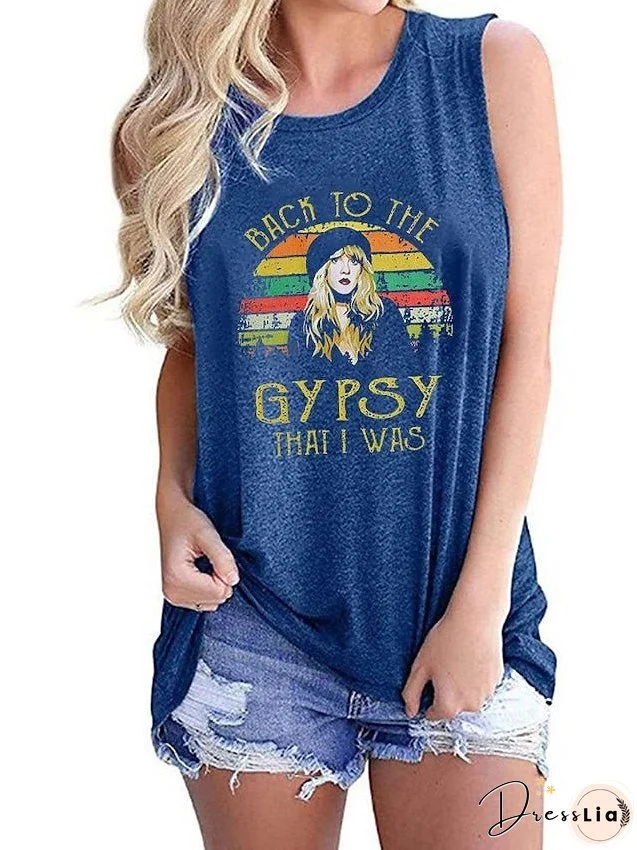 Vintage Retro Tank Top Back to The Gypsy That I was Shirts Casual Summer Sleeveless Tops Grey Hippie Shirt L for Women
