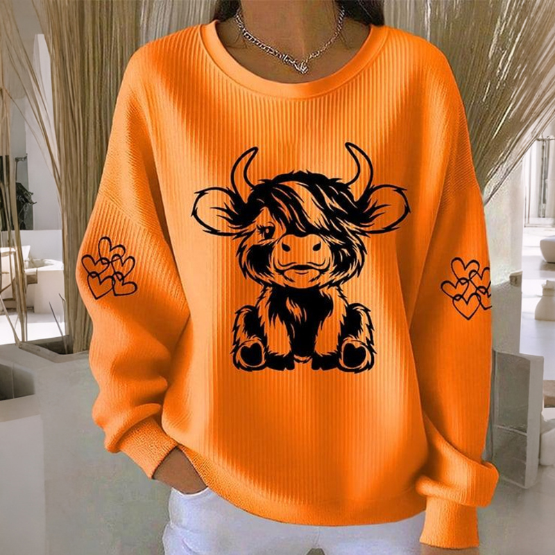 Women's Cute Highland Cow Print Crew Neck Long Sleeve Sweatshirt elevenforest