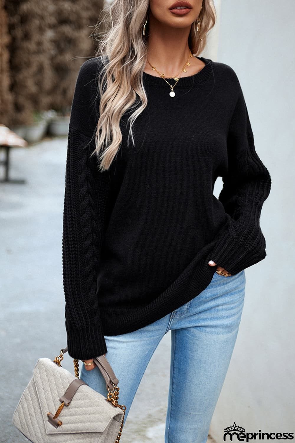 Cable-Knit Round Neck Drop Shoulder Sweater