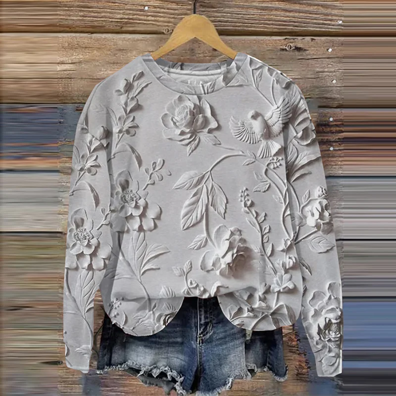 Floral Print Round Neck Long Sleeve Sweatshirt