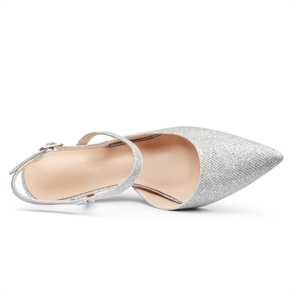 100mm Mid Heel Women Slingback Pumps Ankle Strap Jenlove Stiletto Close Pointed Toe Dress Red Bottoms Matte Glitter Shoes-MERUMOTE