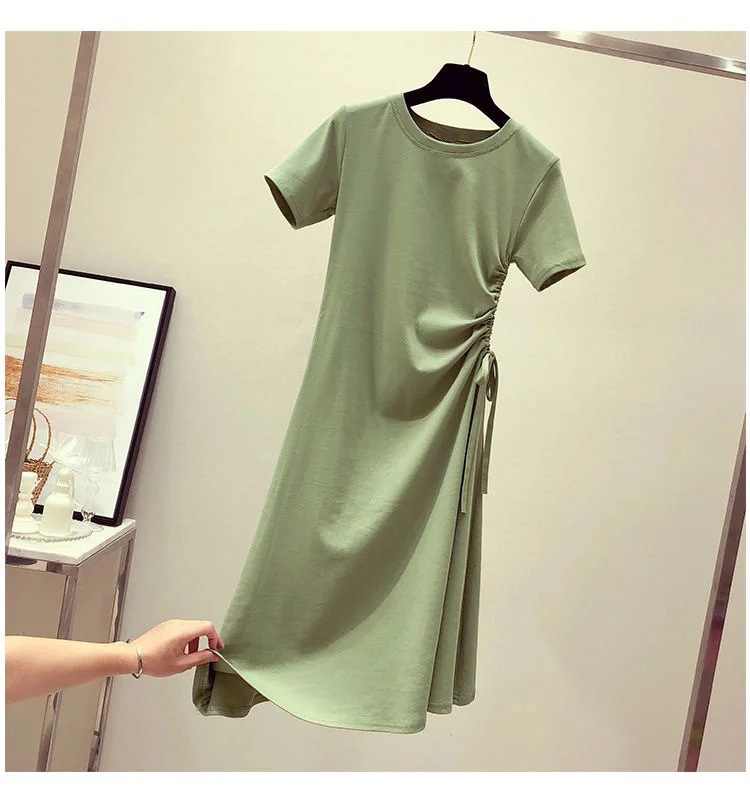 Uveng Uveng Green Dress 2024 Summer New Ins Waist Show Thin Rope Foreign Korean Version Student T-Shirt Skirt Female