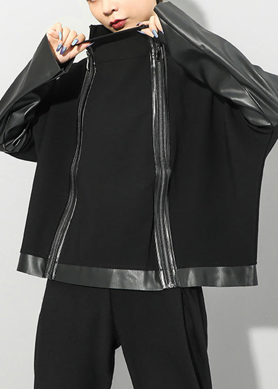 VCSHOES Black Stand Collar Zip Up Faux Leather Patchwork Coat Long Sleeve