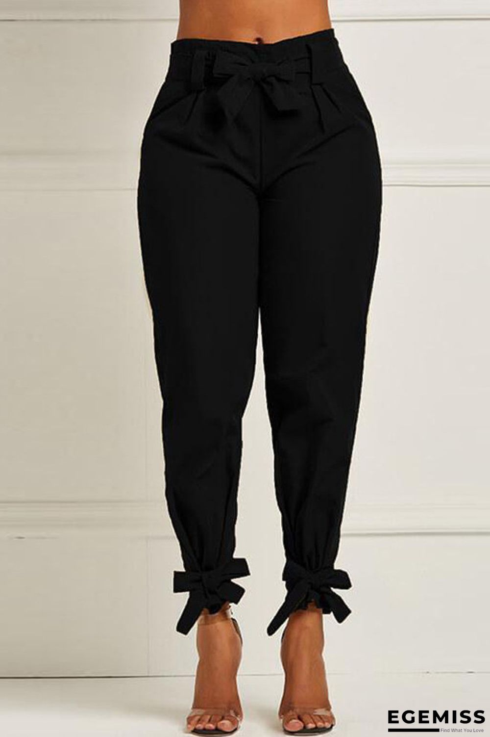 Black Elastic Fly High Solid Bow-knot Asymmetrical pencil Pants | EGEMISS