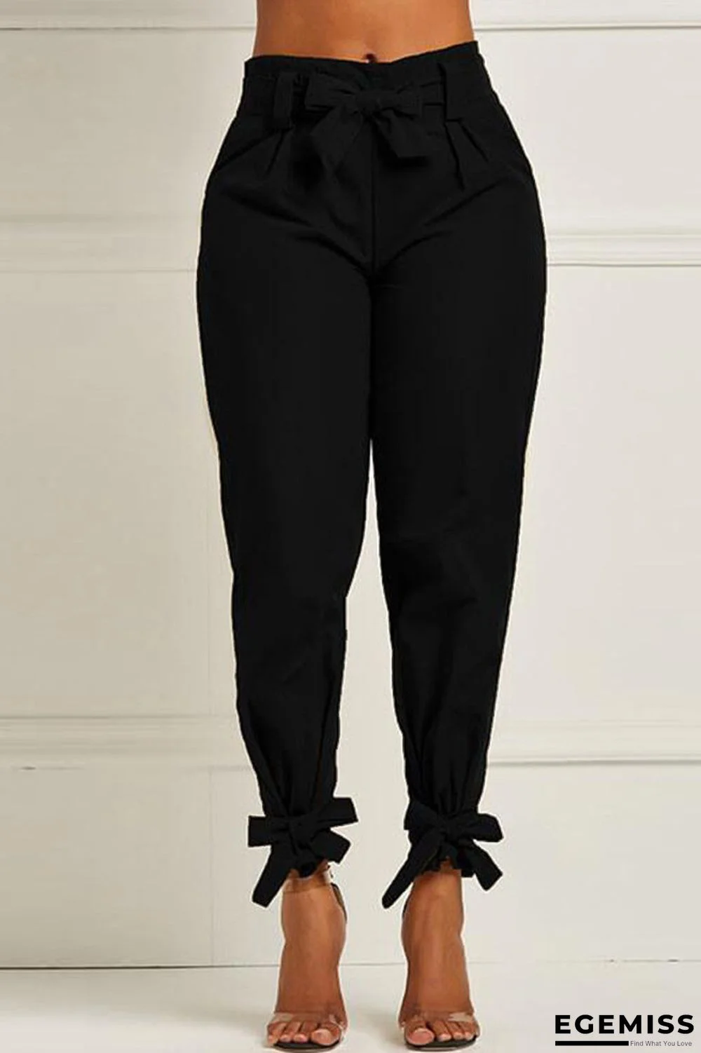 Black Elastic Fly High Solid Bow-knot Asymmetrical pencil Pants | EGEMISS