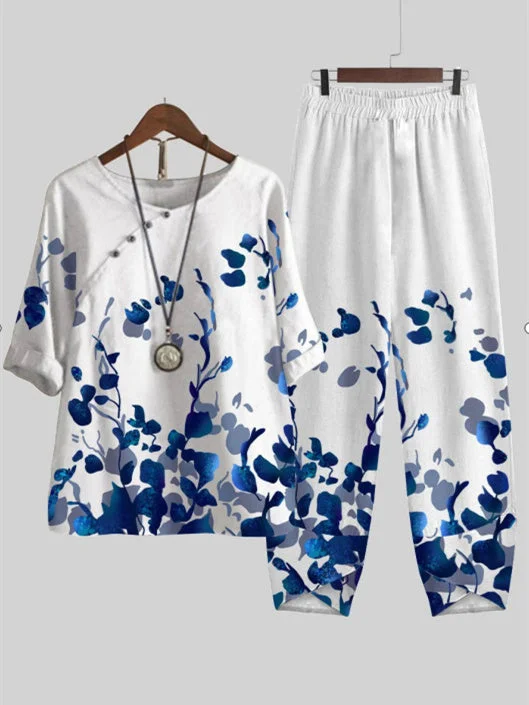 Women's Round Neck Short Sleeve Floral Printed Top Trousers Two-Piece Set