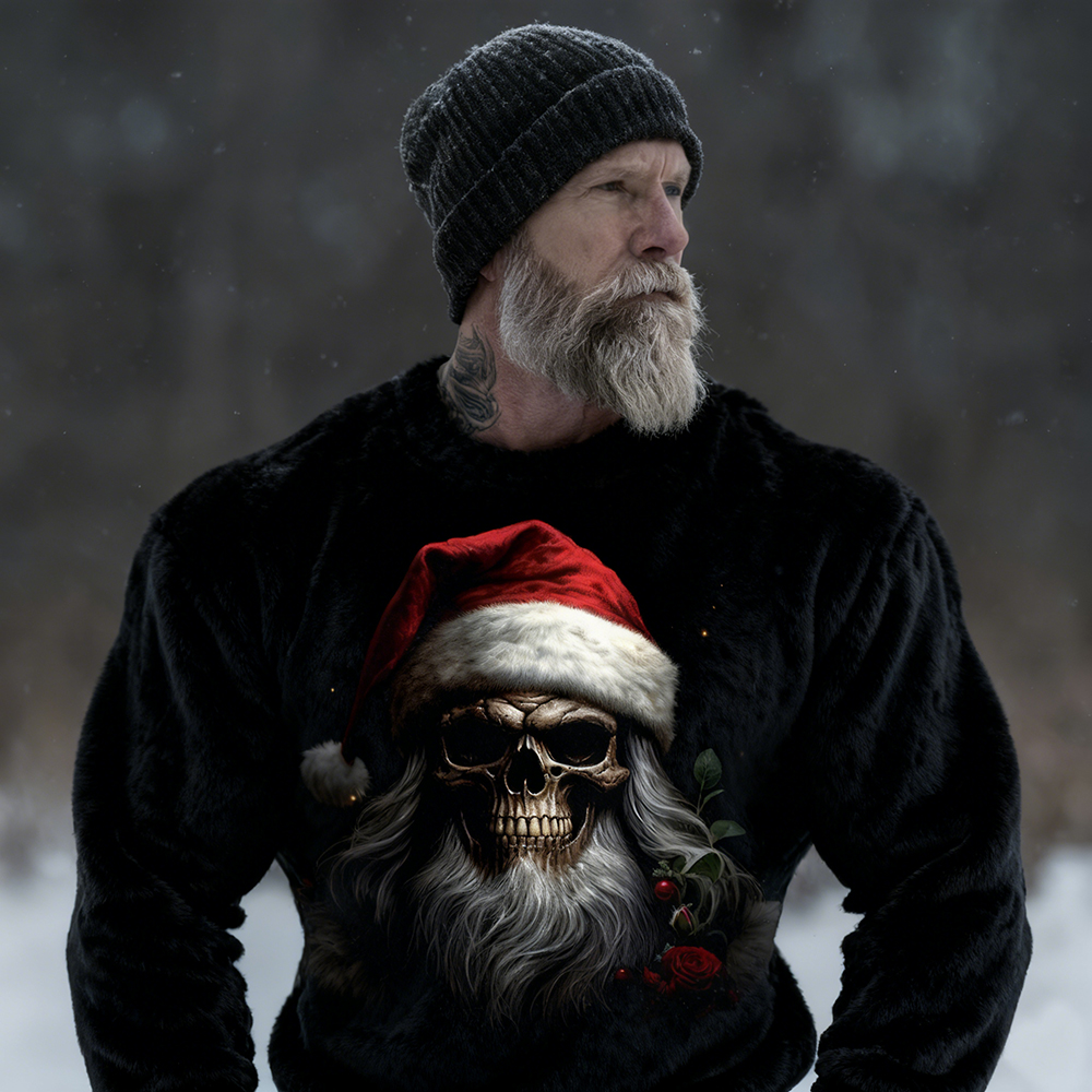 Men's Christmas Santa Skull Art Cozy Plush Sweatshirt elevenforest