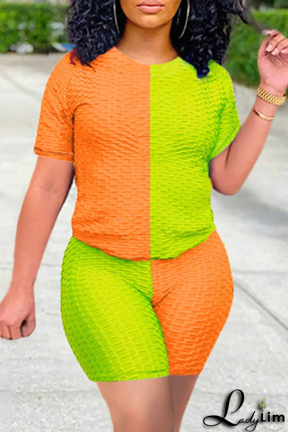 Yellow Grey Fashion Casual Solid Patchwork O Neck Short Sleeve Two Pieces