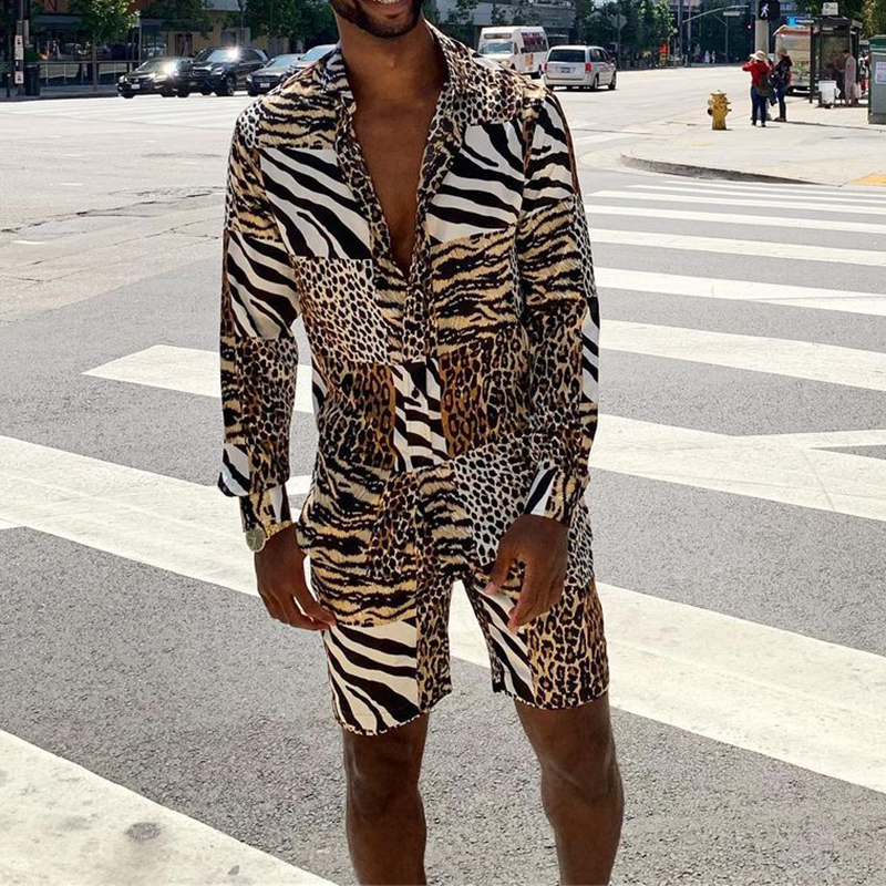 Comstylish Leopard Pattern Printed Casual Resort Shirt and Shorts Two Piece Set