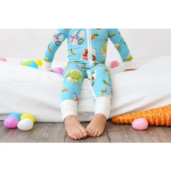 Blue Dino Easter Zip Up Bamboo Pajamas