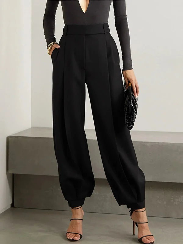 Simple High Waisted Black Casual Harem Pants Bottoms