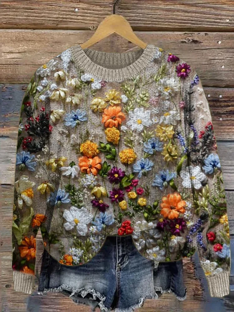 VChics Floral Fiber Art Cozy Knit Sweater