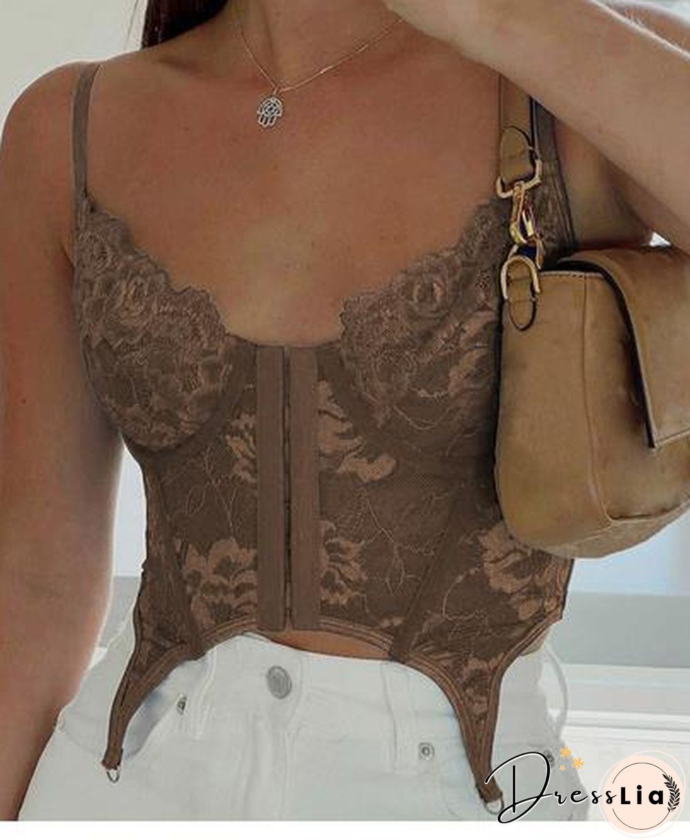 y2k Sexy Women Camisole Top Floral Lace Button Up Backless Slim Fit Crop Top Retro Aesthetic Harajuku Mini Vest Clothing